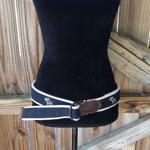 Navy & Tan Wide Cotton Belt White Embroidered Moose Brown Leather Tabs Size 33